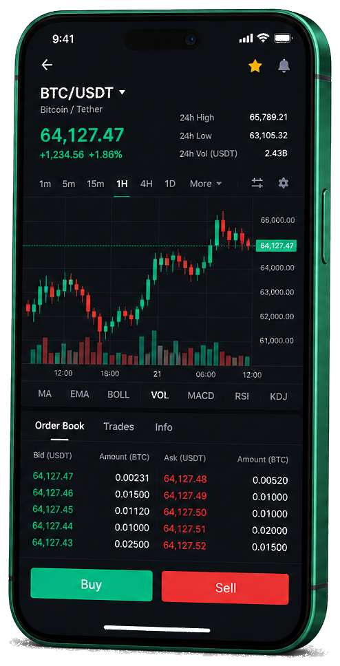 Plataforma Trono Fundência para trading móvel — gráfico BTC/USDT em direto, livro de ordens e painel de controlo